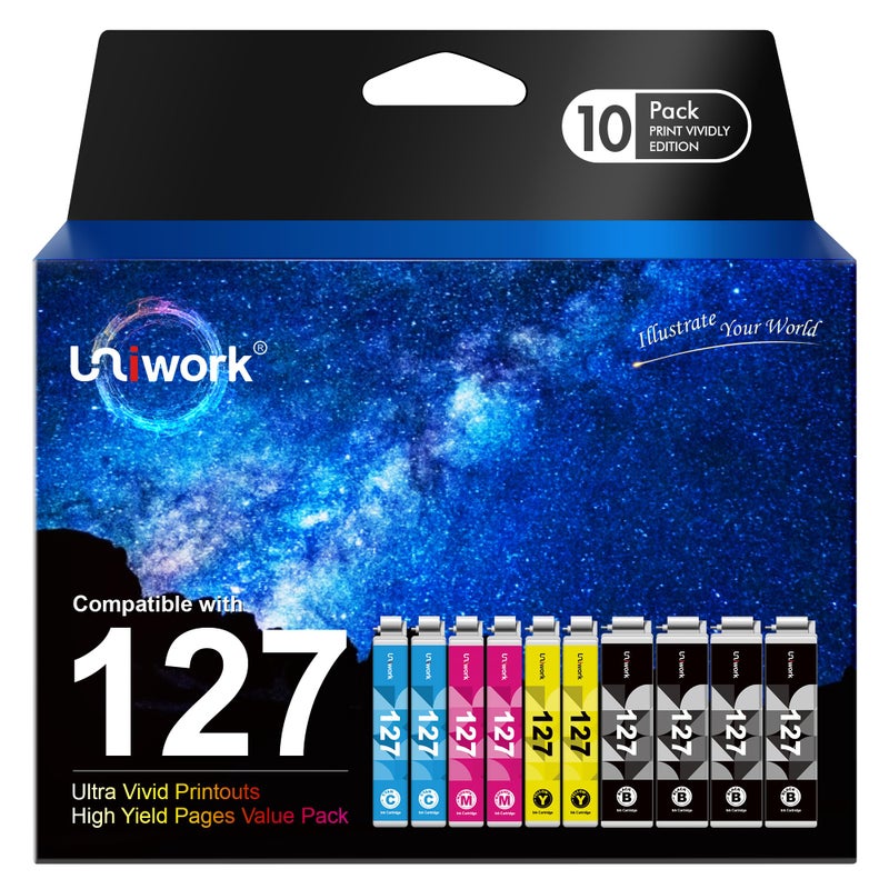 Uniwork Remanufactured Ink for 127 Ink Cartridge Replacement for Epson 127 Ink Cartridges T127 Ink for Workforce 545 845 645 WF-3540 WF-3520 WF-7010 WF-7510 WF-7520 NX530 NX625 Printer, 10 Pack